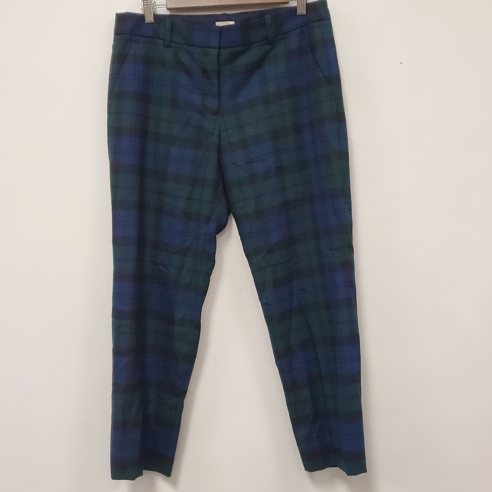J Crew Womens Wool Blend Black Watch Tartan Plaid Pants Size 8 Academia Stretch